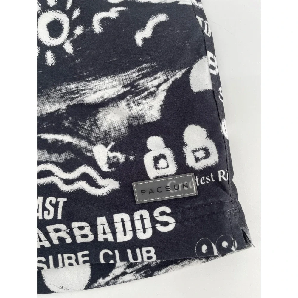 PacSun Swim Trunks Mens Small Black White Barbados Surf‎ Club Graphic Shorts